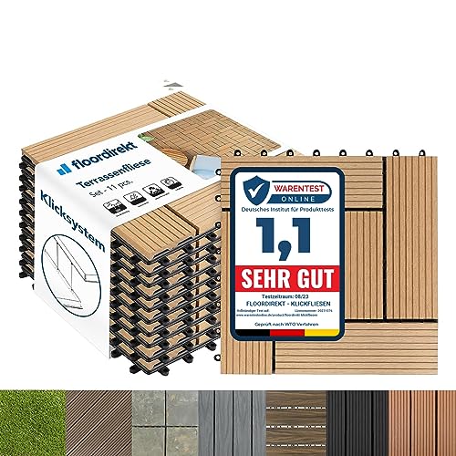 Floordirekt WPC Fliesen 30x30 cm, 1m² = 11 Terrassenfliesen, Klickfliesen, Balkonfliesen in Holzoptik - Bodenbelag für Balkon & Terrasse - wetterfest mit Drainagefunktion | Teak Classic von Floordirekt