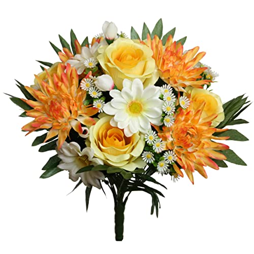 Kunstblume Strauß Rosen-Dahlie Blumenstrauß 38cm GELB-ORANGE von Floratexx