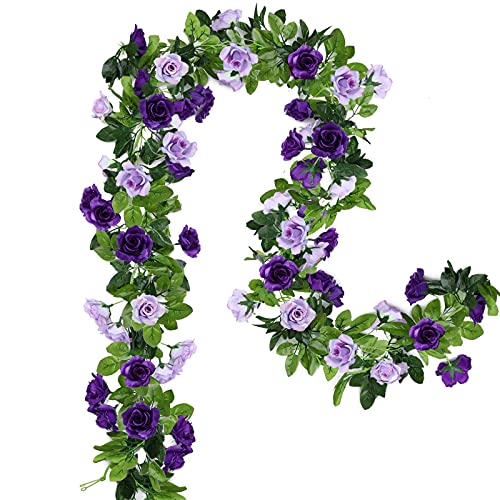 Floweroyal 2 Stück Blumengirlande Hochzeit Künstliche Blätter Girlande Rosengirlande 15.8FT Gefälschte Rosenranken Seidenblumen Hängend für Hochzeitsbogen Party Heim Garten Mauer Dekor （Violett） von Floweroyal