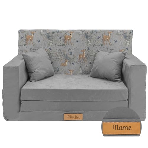 Flumi Personalisierte Kindercouch Kindersofa mit Schlaffunktion Gravur Kindername Kinder Sofa für Kinderzimmer Schlafsessel mit Bettfunktion Kindermöbel 92x40x60 Mikrofaser (GRAU + REHE) von Flumi