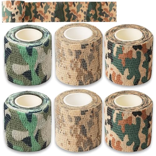 FlyWave Camo Tape 50mm*4.5m, 6 Rollen Outdoor-Tarnung Tarnband Selbsthaftend, Objektiv Tarnung, Geeignet für Outdoor-Camping-Jagd-Fotografie Camouflage Tape von FlyWave