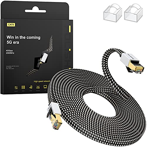 Cat8 Ethernet Kabel 10M, Hohe Geschwindigkeit Nylon Braided Lan Patch Cord, 40Gbps 2000Mhz RJ45 Shielded Flat Cable, für Modem/Router/Switch, schneller als Cat5e/Cat6/Cat7 von Folishine