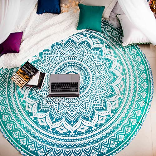 Tealtastic Mandala-Wandteppich, rund, Hippie, indisches Mandala, Strand, Picknick, Tisch, Überwurf, Hippie, Boho, , Baumwolle, Tischdecke, Strandtuch, Meditation, rund, Yogamatte, 183 cm, Grün von Folkulture