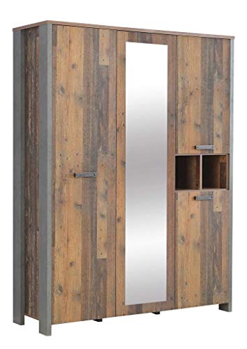 FORTE Clif Jugendzimmer Kleiderschrank mit 3 Türen, 1 Spiegeltür, Holzwerkstoff, Old – Wood Vintage/ Betonoptik Dunkelgrau, 156,4 / 204,7 / 52,3 cm von Forte