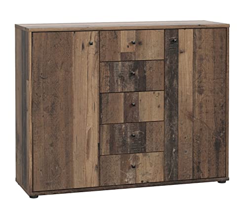 FORTE TEMPRA 2 Kommode mit 2 Türen und 5 Schubladen, Holzwerkstoff, Old – Wood Vintage Dekor, (B x H x T) 108,8 x 85,5 x 34,8 cm von Forte