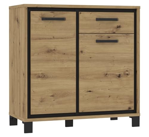 Forte TRONDHEIM Sideboard mit 1 Schublade und 2 Türen, Holzwerkstoff, Artisan Eiche/Schwarz Eiche, B x H x T: 91,4 x 91,2 x 41,5 cm von Forte