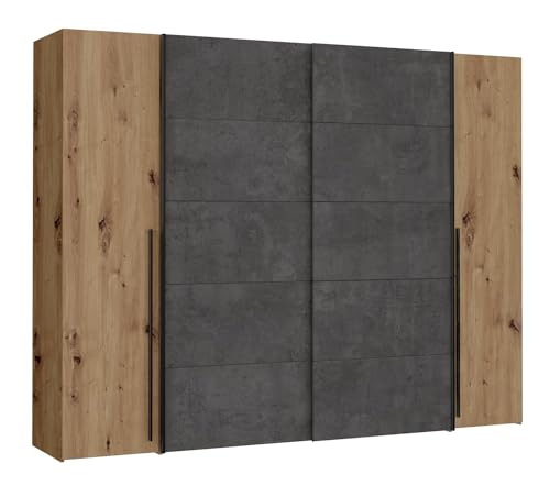 Forte Narago Schrank 270, Kleiderschrank, Schwebetürenschrank mit Drehtüren, Holzdekor Artisan Eiche kombiniert mit Grau, 270,3 cm breit x 210,5 cm hoch x 61,2 cm tief von Forte