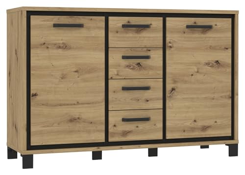 Forte TRONDHEIM Sideboard mit 4 Schubladen und 2 Türen, Holzwerkstoff, Artisan Eiche/Schwarz Eiche, B x H x T: 138,4 x 91,3 x 41,5 cm von Forte