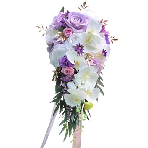 Fouriding Hochzeit Blumenstrauß für Braut,Wasser Tropfen Wasserfall Brautstrauß künstliche Blumen halten Blumen für Zeremonie Jahrestag Hochzeit Dekoration (Taro Violett) von Fouriding