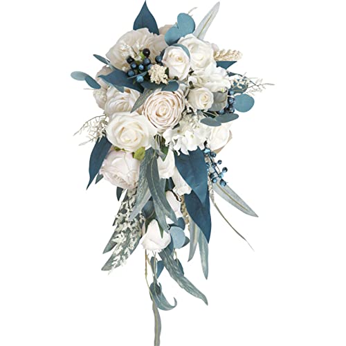 Fouriding Hochzeit Bouquet für Braut, Wasser Tropfen Wasserfall Braut künstliche Blumen Bouquet für Zeremonie Jahrestag Braut Dusche Party Hochzeit Dekoration (Pfauenblaue Champagner-Rose) von Fouriding