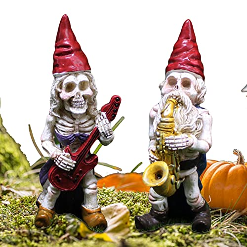 Fowybe Halloween-Skelett-GNOME-Statue,Gartenzwerg Totenkopf Statuen mit Musikinstrument | Halloween-Zombie-Ehepaar-Gartenzwerg-Skelett-Statuen für Innen- und Außendekoration von Fowybe