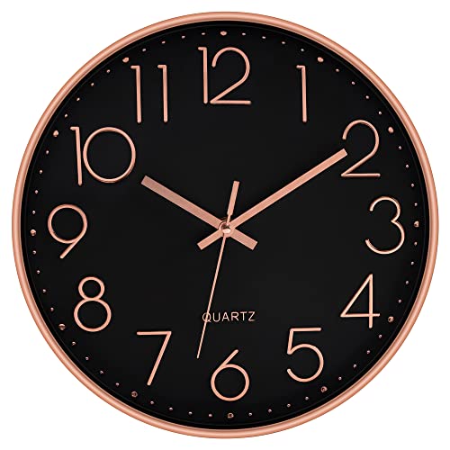 Foxtop Schwarz Modern Wanduhr Ohne Tickgeräusche Lautlos Uhrwerk Uhr für Wohnzimmer Küche Büro Schule 30cm Roségold von Foxtop