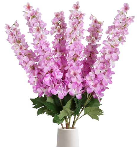 Fqueelvys Künstliche Ritterspornblumen, 6 Stück, künstliche Ritterspornblumen, Seidenrittersporn, langer Stiel, Blumen für hohe Vasen, Zuhause, Hochzeit, Tischdekoration (Rosa, Violett) von Fqueelvys