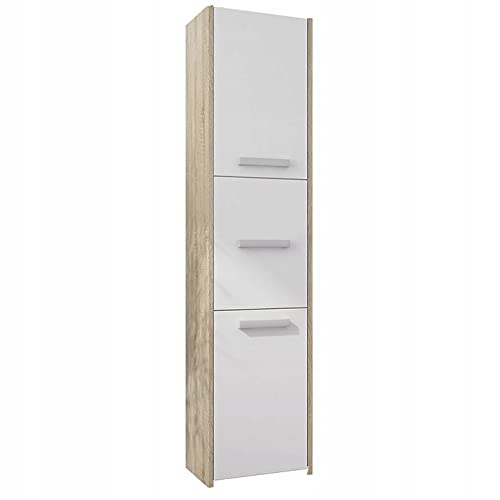 Framire L-23 Badezimmerregal in Sonoma Eiche mit Weiß, Badezimmerschrank, Badezimmerschrank mit 3 Türen, 6 Regalen, Bücherregal für Bad, Flur, 170 x 30 x 30 cm von Framire