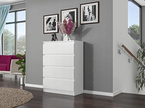 Framire R-4 Kommode in Weiß, Kommode mit 4 Schubladen, Schrank für Schlafzimmer, Wohnzimmer, Bad, 98 x 70 x 40 cm von Framire