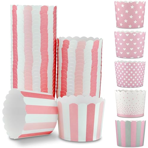 Frau WUNDERVoll® 25 Muffin Backformen weiß rosa pink Streifen, Durchmesser 6,1 cm/Muffins Muffinbackform Muffinform Form Backförmchen Cupcake Formen Förmchen Papier Cupcakeformen von Frau WunderVoll