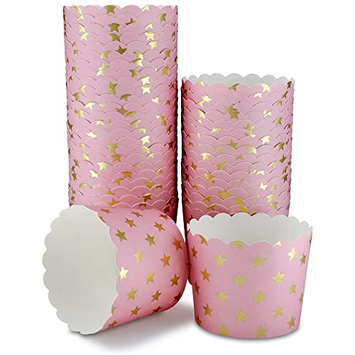 Frau WunderVoll® 100 Muffin Backformen, rosa goldene Sterne, Durchmesser 6,1 cm/Muffinbackform, Muffinform, Cupcakeformen, Backförmchen, Cupcake Formen, Muffin Förmchen Papier von Frau WunderVoll