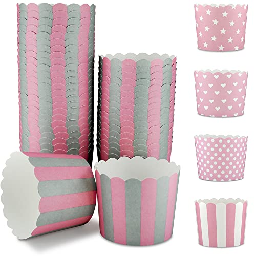 Frau WunderVoll® 100 Muffin Backformen, rosa graue Streifen, Durchmesser 6,1 cm/Muffinbackform, Muffinform, Cupcakeformen, Backförmchen, Cupcake Formen, Muffin Förmchen Papier von Frau WunderVoll