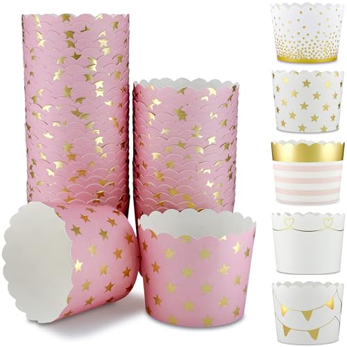 Frau WunderVoll® 100 Muffin Backformen rosa Gold (metallic) Sterne Durchmesser 6,1 cm/goldene Muffins Muffinbackform Muffinform Form Backförmchen Cupcake Formen Förmchen Papier Cupcakeformen von Frau WunderVoll