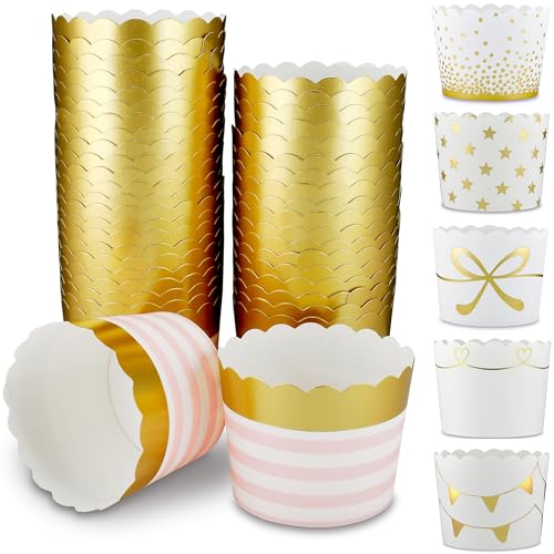 Frau WunderVoll® 100 Muffin Backformen rosa Gold (metallic) Streifen Durchmesser 6,1 cm/goldene Muffins Muffinbackform Muffinform Form Backförmchen Cupcake Formen Förmchen Papier Cupcakeformen von Frau WunderVoll