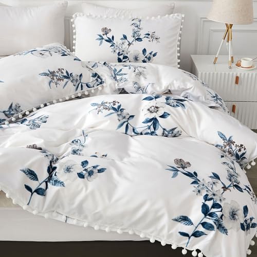 Freyamy Bettwäsche 200x200cm 3teilig Weiß Blau Blumen Pompons Wendebettwäsche Microfaser Weiche Bettwaren-Sets Romantisch Mädchen Bettbezug mit Reißverschluss und 2 Kissenbezug 80x80cm von Freyamy