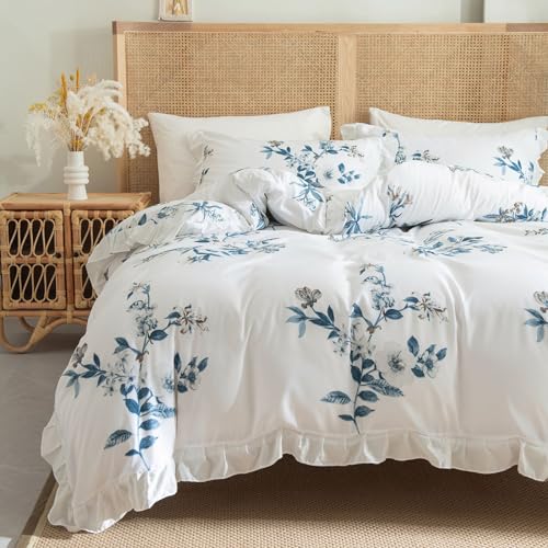 Freyamy Bettwäsche 200x220cm 3teilig Weiß Blau Blumen Rüschen Wendebettwäsche Microfaser Weiche Bettwaren-Sets Romantisch Mädchen Bettbezug mit Reißverschluss und 2 Kissenbezug 80x80cm von Freyamy