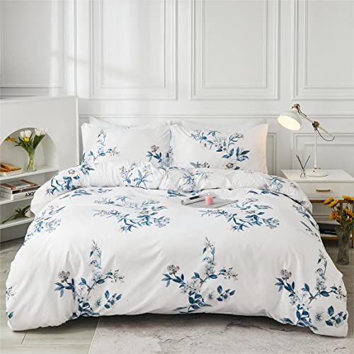 Freyamy Blumen Bettwäsche Set 135x200cm 2teilig Weiß Blau Blätter Pflanzen Blumenmuster Wendebettwäsche Gebürstet Microfaser Weiche Bettbezug mit Reißverschluss und Kissenbezug 80x80cm von Freyamy