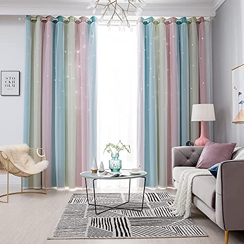 Freyamy Gardinen Rosa Grün Weiß Glänzend Sterne Vorhänge Blickdicht Kinderzimmer Halbtransparent H 130 X B 100cm Ösenvorhang 2er Set Mädchen Kindervorhänge Gardinen Verdunkelungsvorhang Wohnzimmer von Freyamy