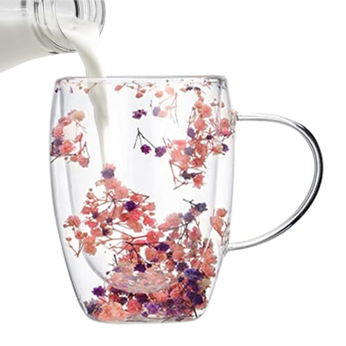 Doppelwandige Glas-Kaffeetassen – Art Dry Flower Cup Kaffeetassen, getrocknete Blumen, isolierte Glas-Kaffeetassen mit Anti-Verbrühungsgriff, dekorative Tassen für Saft, Milch, Geschenke von Frifer