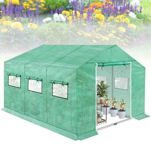 Froadp Gartengewächshäuser aus Verzinktes Rohr Tomatenhaus Winterfest Foliengewächshaus mit Gitternetzfolie Fenster Frostschutz Treibhaus Grün Gewächshaus für Garten Pflanze (9㎡, 4.5x2x2m) von Froadp