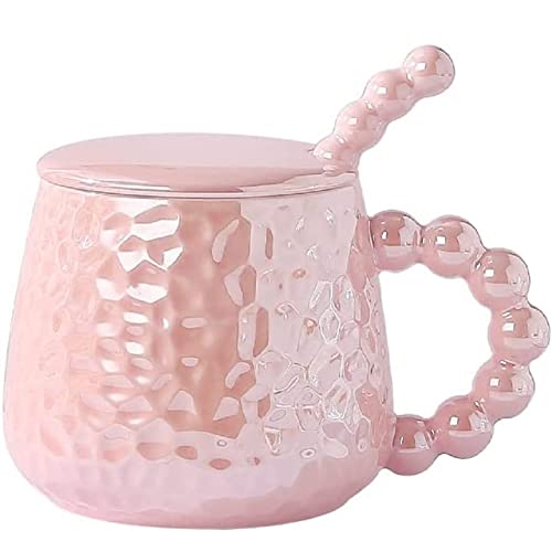 FülleMore 400ml Kaffeetasse Kaffeebecher mit Deckel und Edelstahllöffel,Süße Perlen Form Henkel Teetasse Geschenktasse für Weihnachten Valentinstag Muttertah Geburtstag (Rosa) von FülleMore