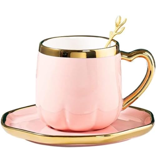 FülleMore Goldrand Keramiktasse mit Untertteller und Löffel 300ml Kaffeetasse Moderne Espressotasse mit Herzhenkel Kaffeeservice für Cappuccino,Latte,Espresso,Americano,Mokka,Tee (Rosa) von FülleMore