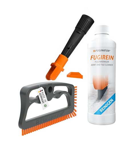 FUGINATOR® Trio mit Fugenbürste in grau/orange, EU-Adapter & Fugenreingier 250 ml – Fugenreinigung im stehen für Fliesen, WC, Bad etc. Geeignet für Silikon Fugen. Bürste mit harten Borsten von CS Webkontor