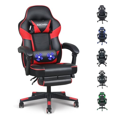 Fullwatt Gaming Stuhl, Bürostuhl Ergonomisch Racing Stuhl Massage Gamingstuhl mit Fußstütze 90-150° Rückenlehne Verstellbar, mit Abnehmbare Kopfstütze Lendenkissen, PU Leder Rot von Fullwatt