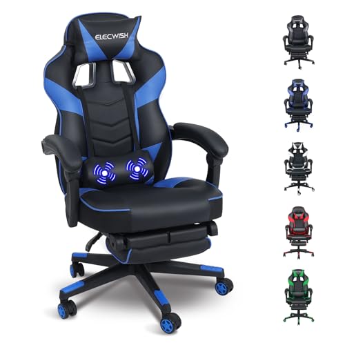 Fullwatt Gaming Stuhl, Bürostuhl Ergonomisch Racing Stuhl Massage Gamingstuhl mit Fußstütze 90-150° Rückenlehne Verstellbar, mit Abnehmbare Kopfstütze Lendenkissen, PU Leder Blau von Fullwatt