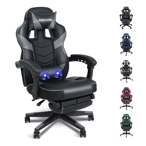 Fullwatt Gaming Stuhl, Bürostuhl Ergonomisch Racing Stuhl Massage Gamingstuhl mit Fußstütze 90-150° Rückenlehne Verstellbar, mit Abnehmbare Kopfstütze Lendenkissen, PU Leder Grau von Fullwatt