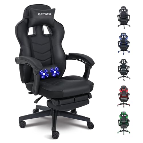 Fullwatt Gaming Stuhl Ergonomisch Bürostuhl Racing Stuhl Massage mit Fußstütze 90-150° Rückenlehne Verstellbar, mit Abnehmbare Kopfstütze Lendenkissen, PU Leder Schwarz von Fullwatt