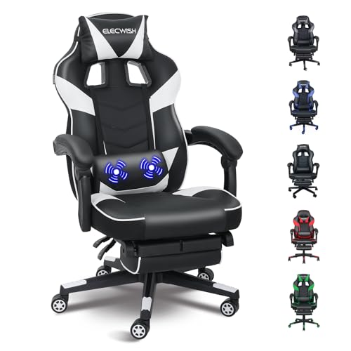 Fullwatt Gaming Stuhl, Bürostuhl Ergonomisch Racing Stuhl Massage Gamingstuhl mit Fußstütze 90-150° Rückenlehne Verstellbar, mit Abnehmbare Kopfstütze Lendenkissen, PU Leder Weiß von Fullwatt