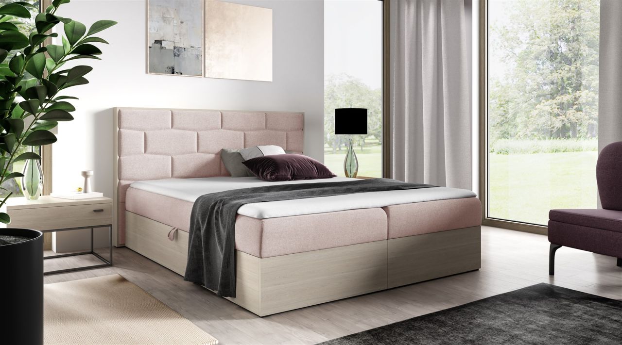 Boxspringbett Bett BEILA 200x200cm Nordic Teak Stoff Rosa inkl. Bettkasten von Fun Moebel