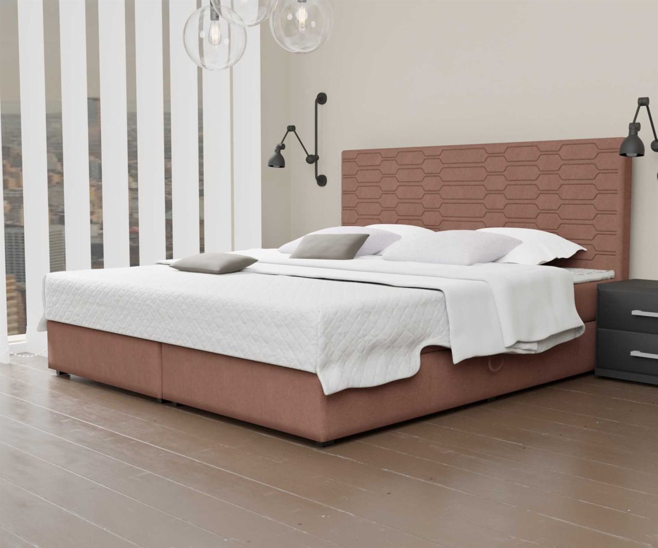 Boxspringbett Schlafzimmerbett OMERO 160x220cm Stoff Apricot inkl. Bettkasten von Fun Moebel