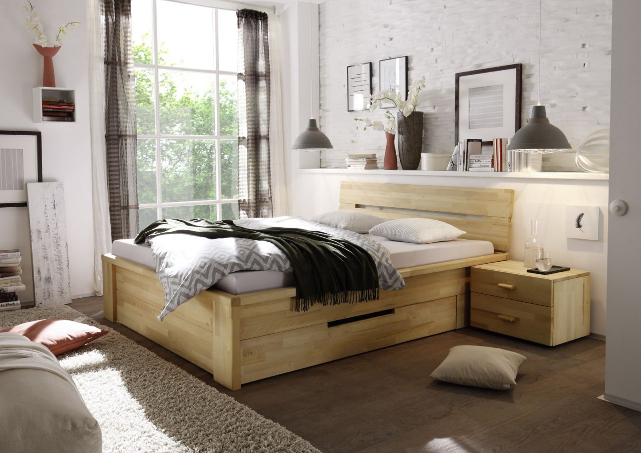 Massivholzbett Schlafzimmerbett - RONI - Bett Kernbuche 140x200 cm von Fun Moebel