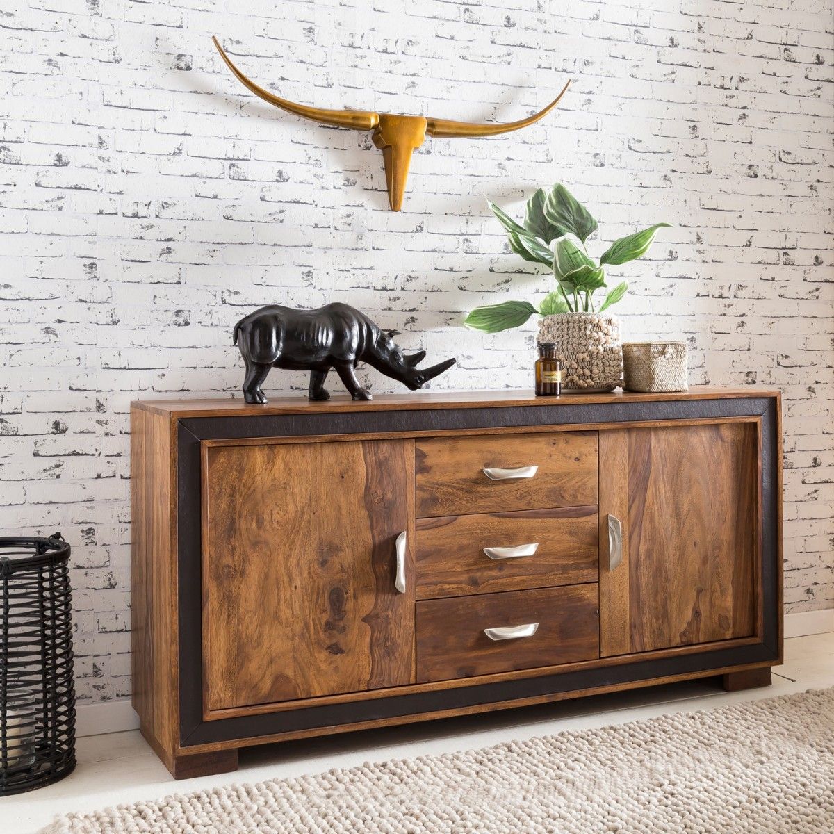 Sideboard Kommode SALONI Sheesham massiv 160x44x80 cm Landhausstil von Fun Möbel