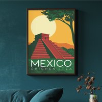Chichen Itza Print, Poster, Mexiko Retro Farben Kunst, Druck, Wandkunst, Pyramiden Dekor von FunnyStitchesCo