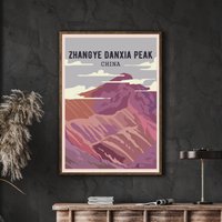 China Travel Poster, Zhangye Danxia Geopark, Regenbogen Berg, Wandkunst, in Gansu, Qilian Mountains, Art von FunnyStitchesCo