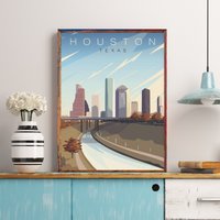 Houston Travel Poster, Texas Space City, Art, Wandkunst, Skyline, Print, Geschenk, Lone Star State von FunnyStitchesCo