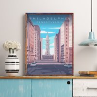 Philadelphia Travel Poster, Print, City Hall Wall Art, Pennsylvania Art Decor, Usa Artprint, Skyline Delaware River von FunnyStitchesCo