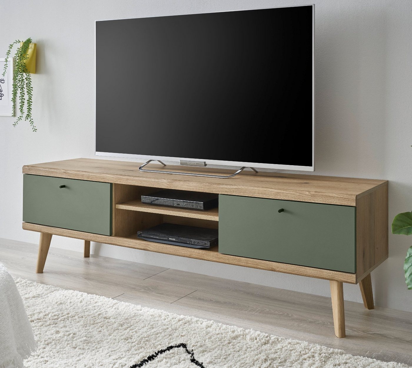 Furn.Design Lowboard Juna (TV Unterschrank in Eiche mit Salbeigrün, 160 x 50 cm), skandinavisches Design von Furn.Design