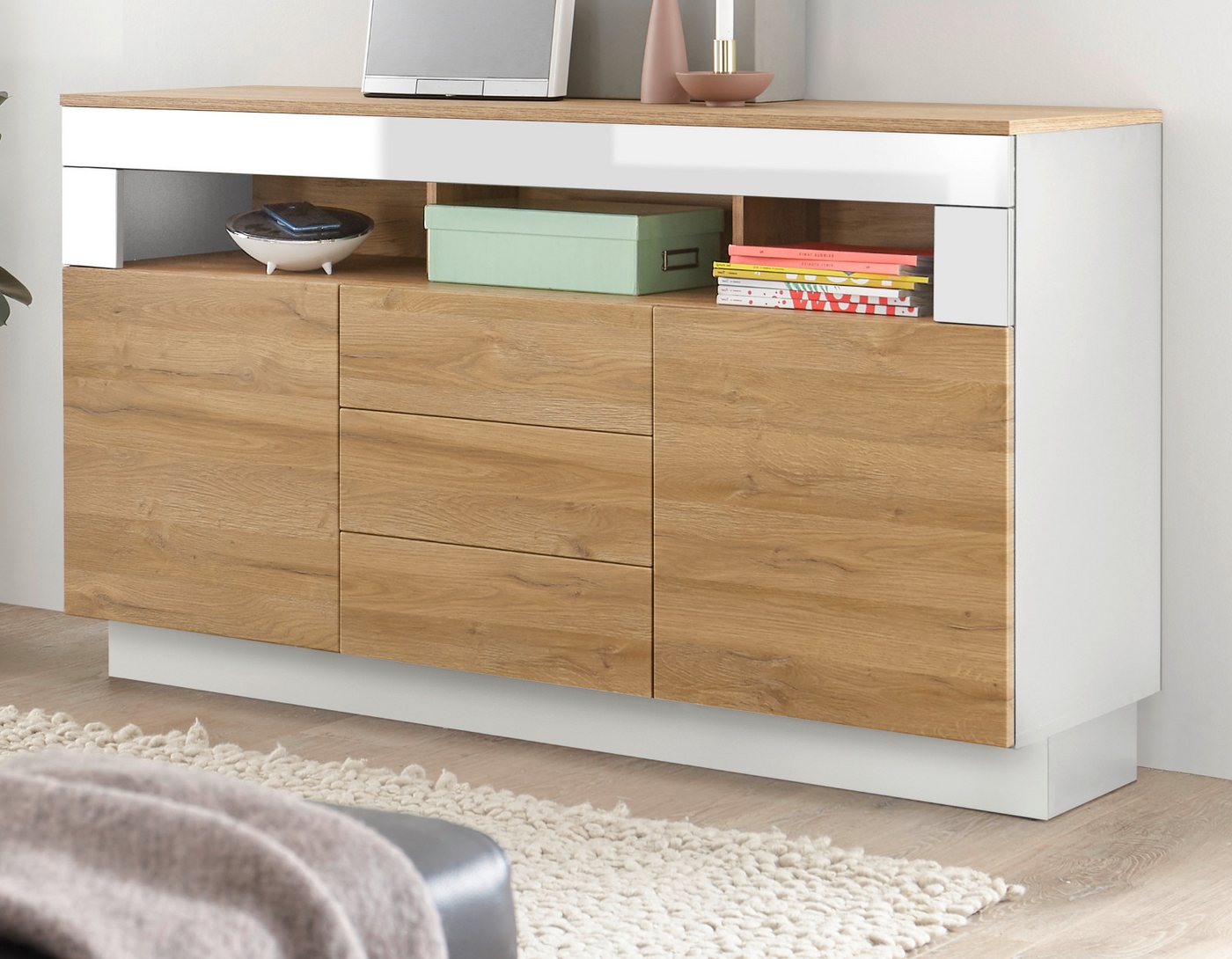 Furn.Design Sideboard Savanna (Kommode in Eiche Grandson und weiß Hochglanz, 149 x 85 cm), mit Push-to-Open Funktion von Furn.Design