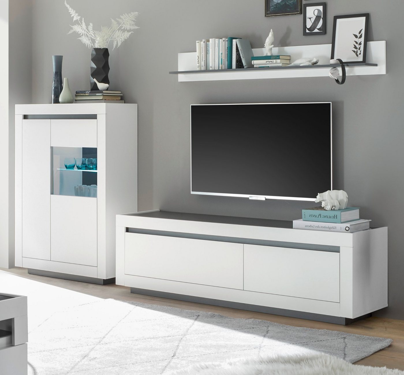 Furn.Design Wohnwand Rooky, (in weiß matt mit Anthrazit, 3-teilig, 286 x 180 cm), mit großem TV-Lowboard von Furn.Design
