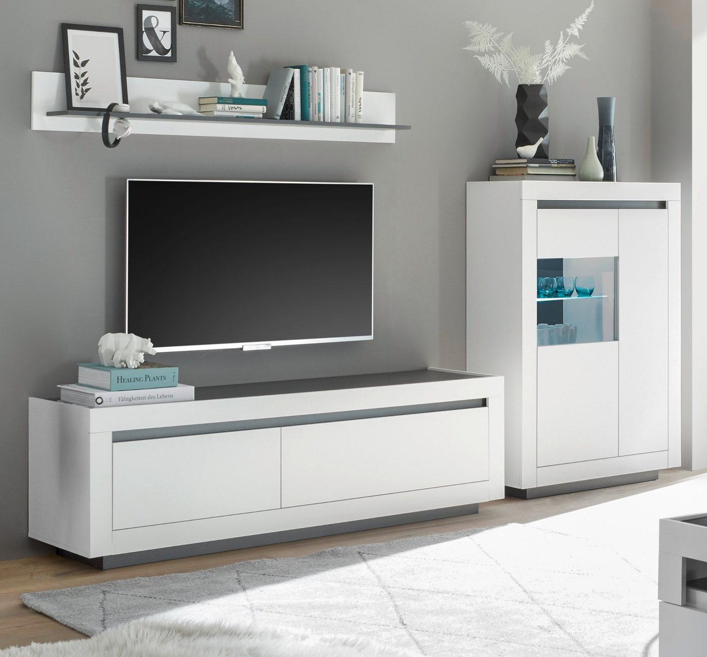 Furn.Design Wohnwand Rooky, (in weiß matt mit Anthrazit, 3-teilig, 286 x 180 cm), mit großem TV-Lowboard von Furn.Design